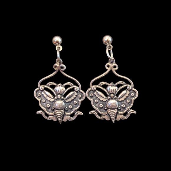 Vintage Jewelry - Vintage Butterfly Earrings Silver Dangle Boho Stevie Nicks Festival Art Deco 70s